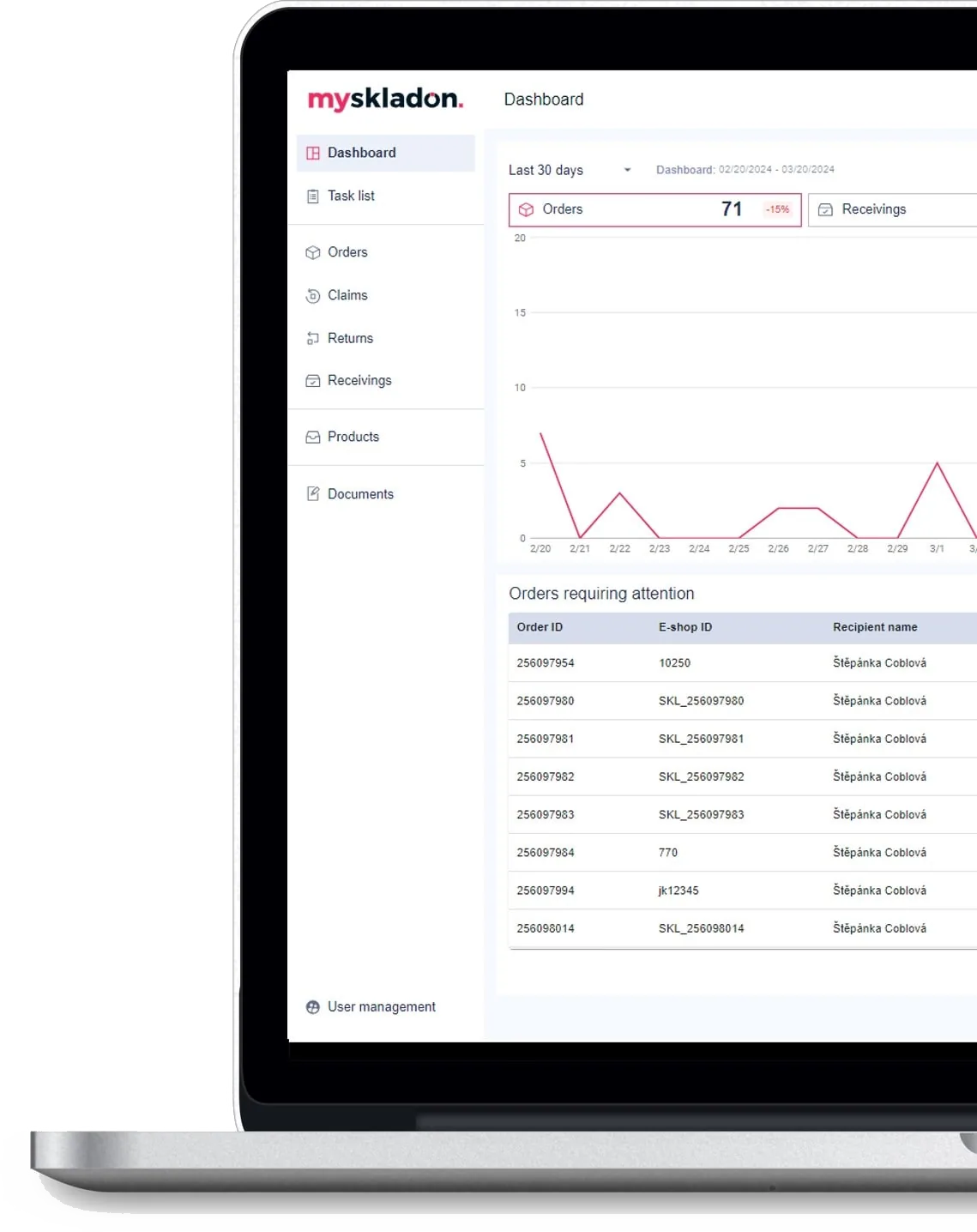 MySkladon client app: dashboard