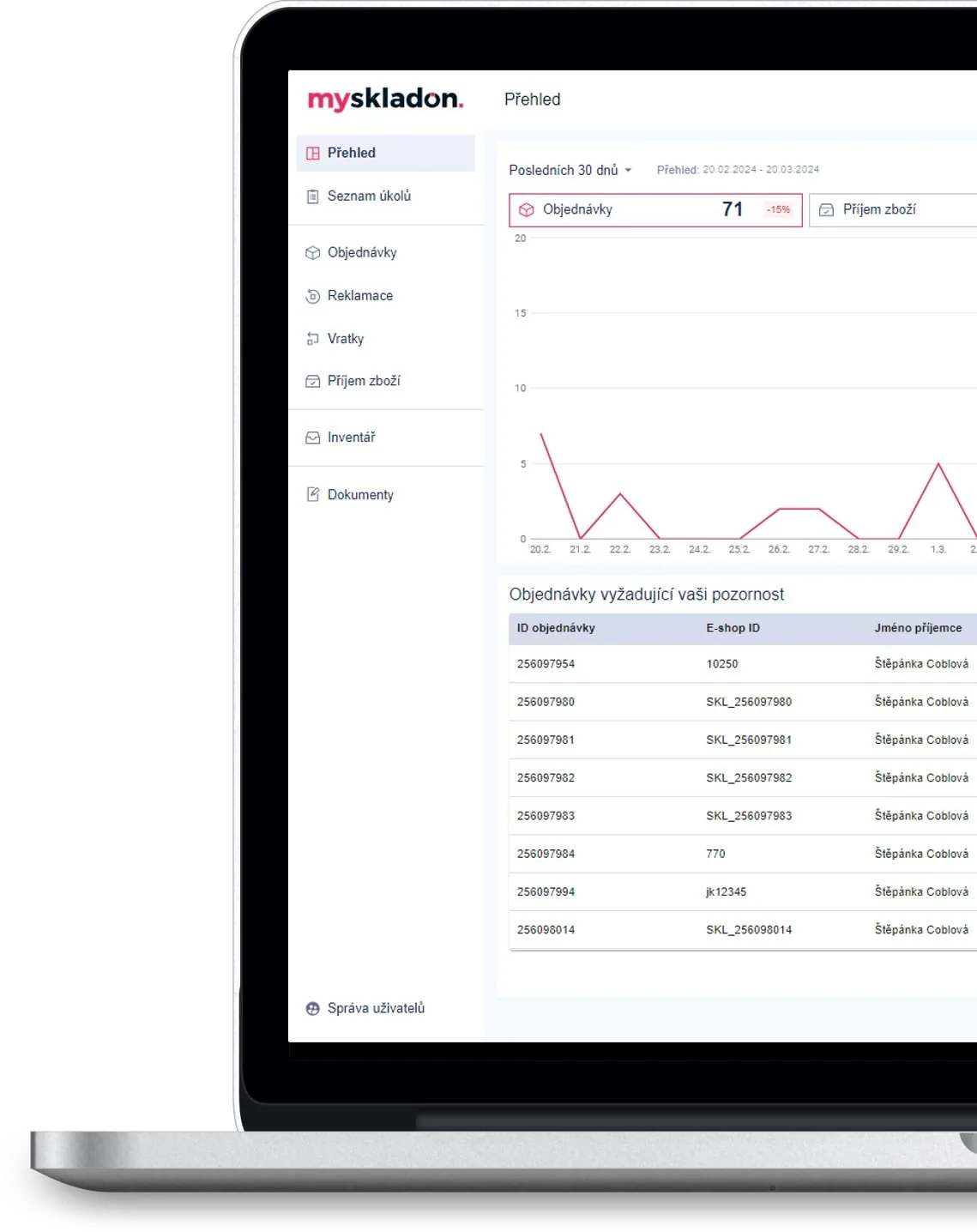 Klientská aplikace MySkladon: dashboard